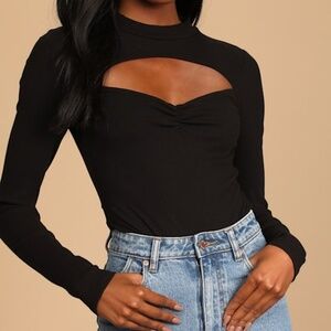 NWT • Lulus • Black Ribbed Long Sleeve Cutout Bodysuit • Size S